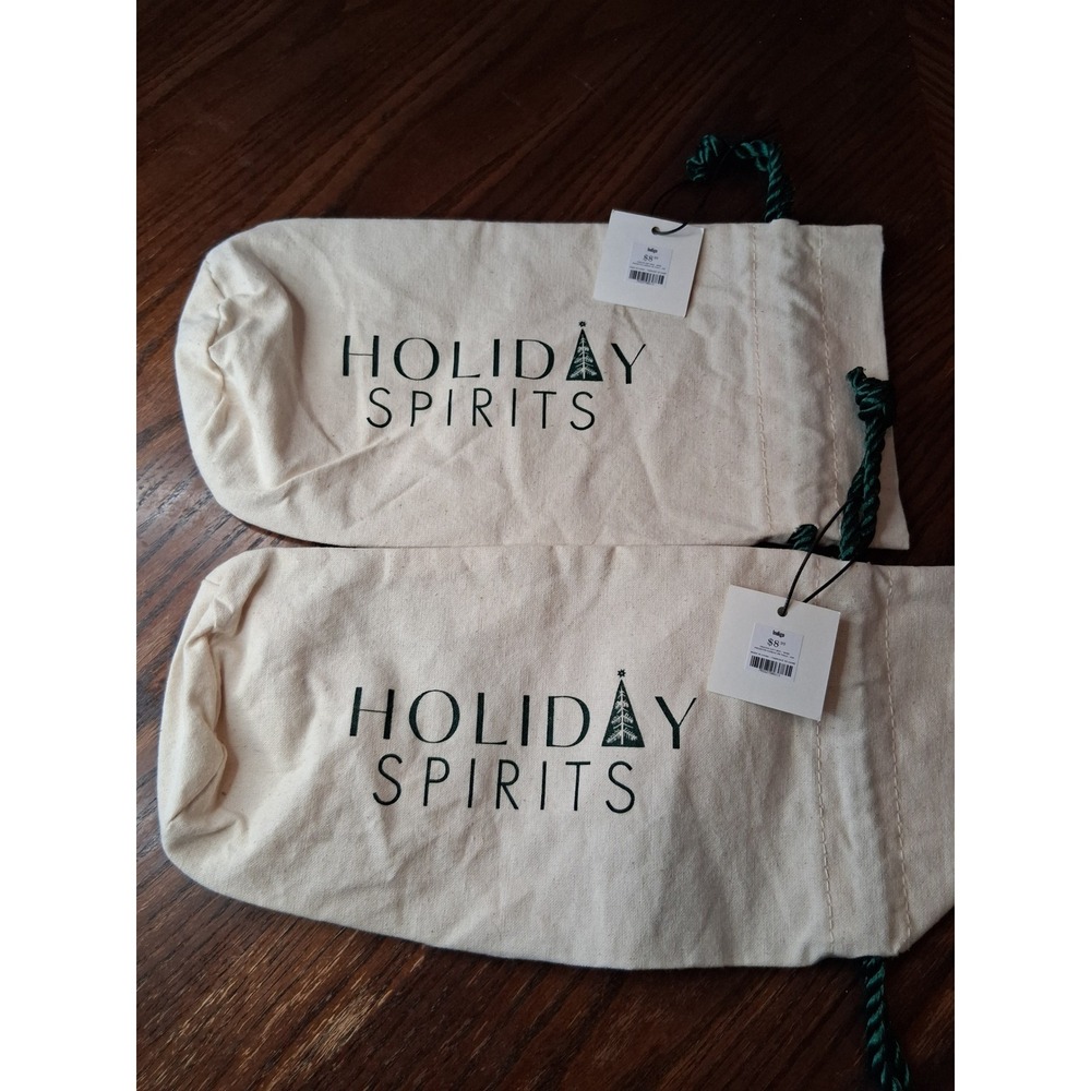 Indigo Holiday Spirits Canvas Wine Gift Bags Set of 2 Cream Green Drawstring NWT